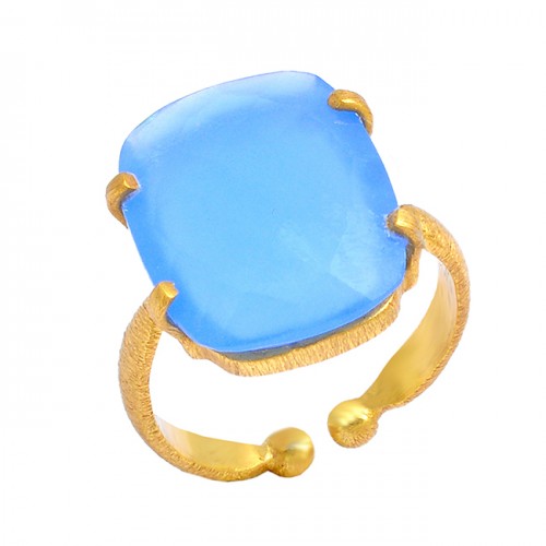 Rectangle Shape Blue Chalcedony Gemstone 925 Sterling Silver Gold Plated Ring