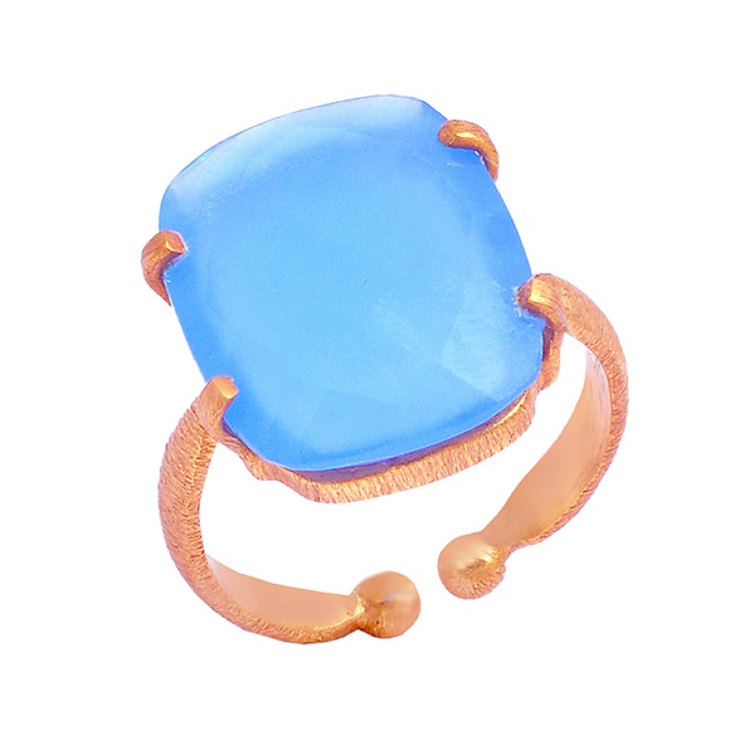 Rectangle Shape Blue Chalcedony Gemstone 925 Sterling Silver Gold Plated Ring