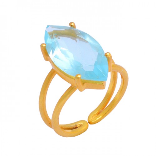 Faceted Marquise Shape Blue Topaz Gemstone 925 Silver Gold Plated Ring 