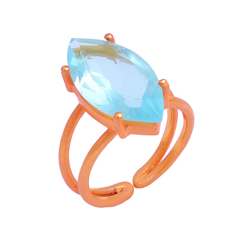 Faceted Marquise Shape Blue Topaz Gemstone 925 Silver Gold Plated Ring 