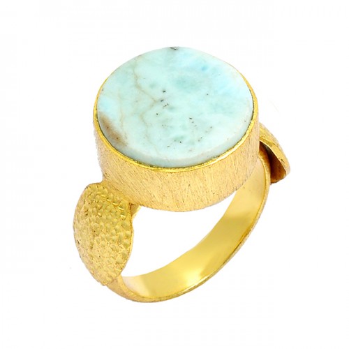 Larimar Round Shape Gemstone 925 Sterling Silver Gold Plated Designer Ring