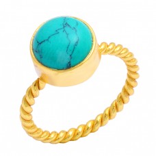 Round Cabochon Turquoise Gemstone 925 Sterling Silver Gold Plated Ring