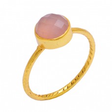 Round Shape Rose Chalcedony Gemstone 925 Sterling Silver Gold Plated Ring