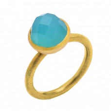 Stylish Handmade Designer Aqua Chalcedony Gemstone 925 Silver Gold Plated Ring