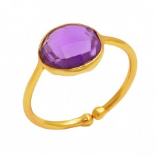 925 Sterling Silver Round Shape Amethyst Gemstone Gold Plated Ring Jewelry