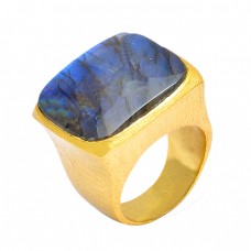 Cushion Shape Labradorite Gemstone 925 Sterling Silver Gold Plated Ring Jewelry