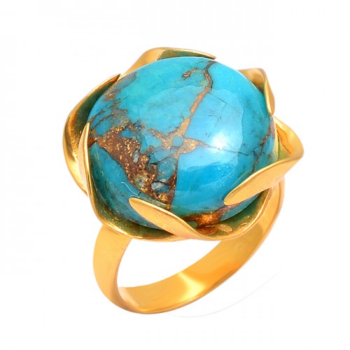 925 Silver Unique Handmade Designer Turquoise Round Gemstone Gold Plated Ring