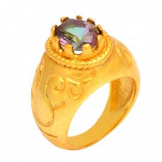 Round Shape Mystic Topaz Gemstone 925 Sterling Silver Gold Plated Ring