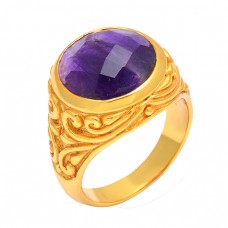 Round Shape Amethyst Gemstone 925 Sterling Silver Gold Plated Ring Jewelry