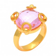 Round Shape Pink Quartz Gemstone 925 Sterling Silver Gold Plated Ring Jewelry