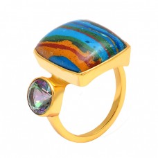 Rainbow Calcica Mystic Topaz Gemstone 925 Sterling Silver Gold Plated Ring