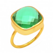 Cushion Shape Green Onyx Gemstone 925 Sterling Silver Gold Plated Ring Jewelry