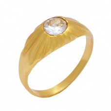 Round Shape Crystal Quartz Gemstone 925 Sterling Silver Gold Plated Ring