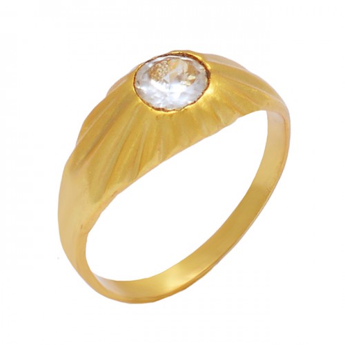 Round Shape Crystal Quartz Gemstone 925 Sterling Silver Gold Plated Ring