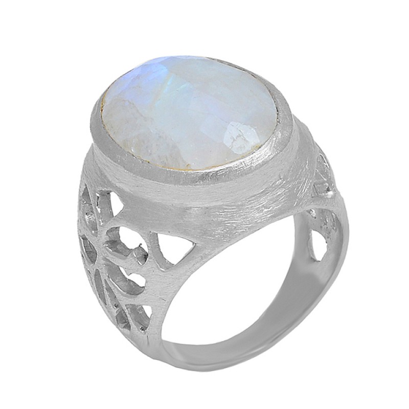 Oval Shape Rainbow Moonstone 925 Sterling Silver Gold Plated Designer Ring