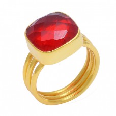 Cushion Shape Red Onyx Gemstone 925 Sterling Silver Gold Plated Ring Jewelry