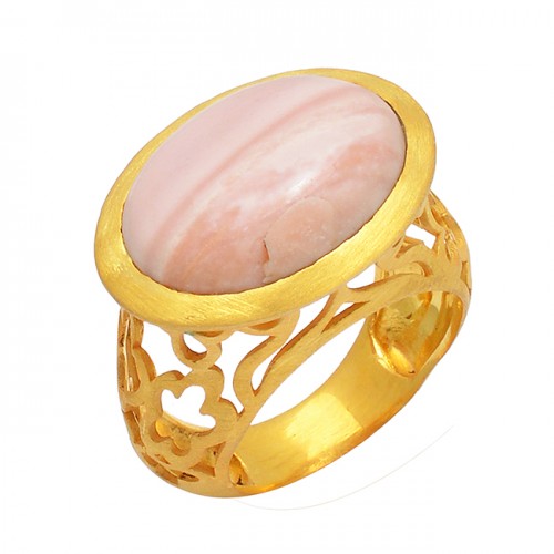 Oval Shape Pink Opal Gemstone 925 Sterling Silver Gold Plated Ring Jewelry