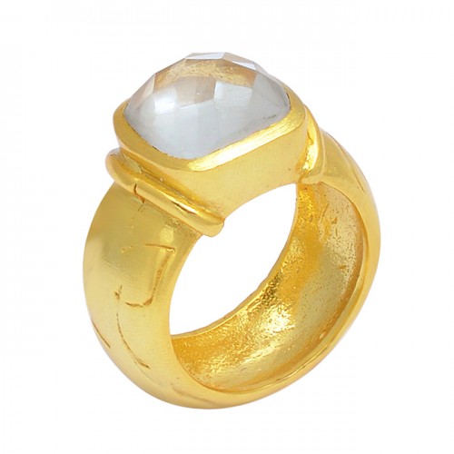 Cushion Shape Rainbow Moonstone 925 Sterling Silver Gold Plated Ring Jewelry