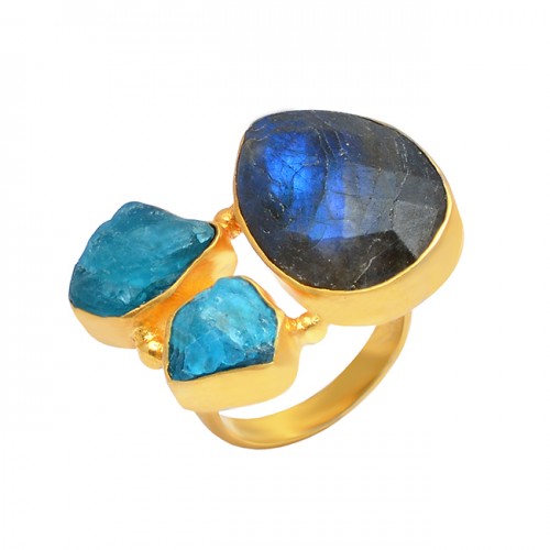 Labradorite Apatite Gemstone 925 Sterling Silver Gold Plated Ring Jewelry