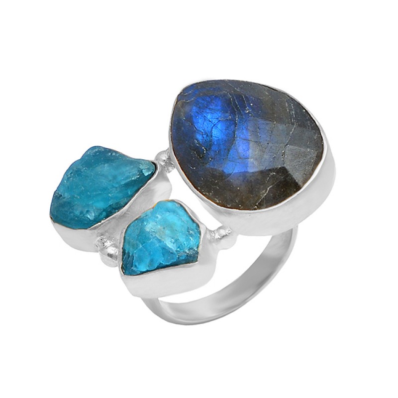 Labradorite Apatite Gemstone 925 Sterling Silver Gold Plated Ring Jewelry