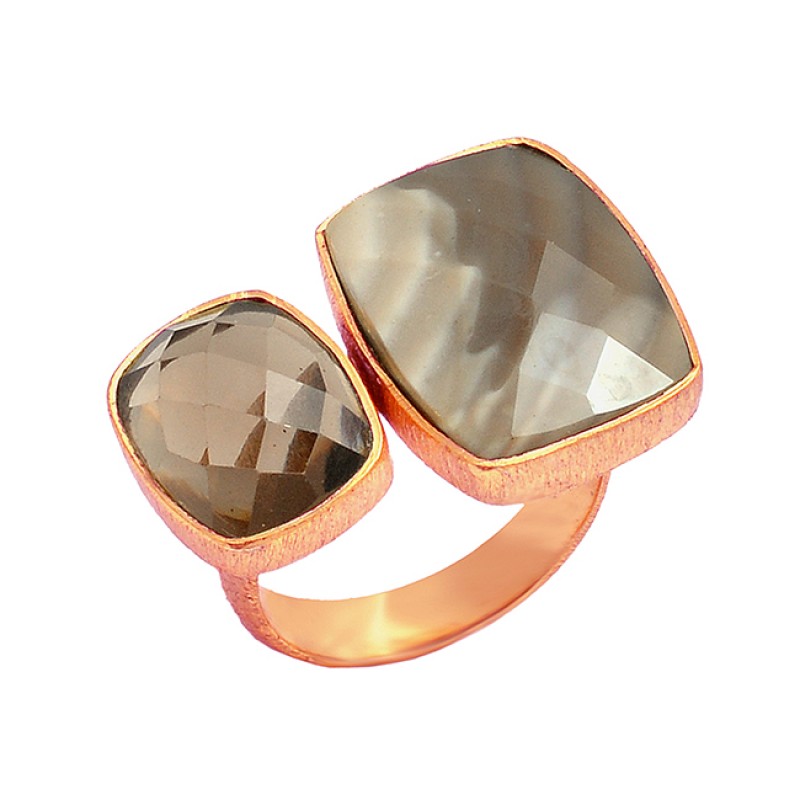 925 Sterling Silver Smoky Quartz Flint Gemstone Gold Plated Ring Jewelry