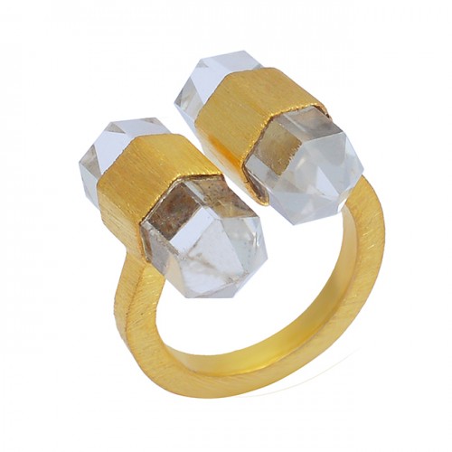 Pencil Shape Crystal Quartz Gemstone 925 Sterling Silver Gold Plated Ring Jewelry