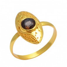 Round Shape Smoky Quartz Gemstone 925 Sterling Silver Gold Plated Ring Jewelry