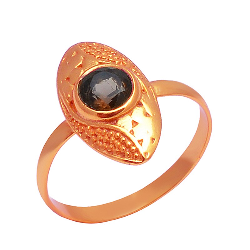 Round Shape Smoky Quartz Gemstone 925 Sterling Silver Gold Plated Ring Jewelry
