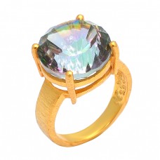 Mystic Topaz Round Shape Gemstone 925 Sterling Silver Gold Plated Ring Jewelry