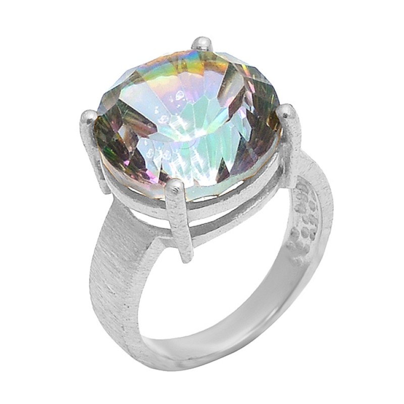 Mystic Topaz Round Shape Gemstone 925 Sterling Silver Gold Plated Ring Jewelry