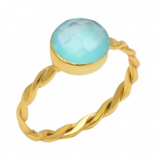 925 Sterling Silver Round Shape Aqua Chalcedony Gemstone Gold Plated Ring