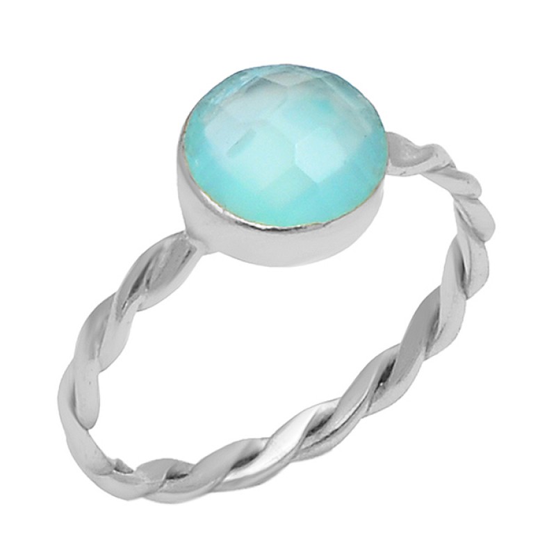 925 Sterling Silver Round Shape Aqua Chalcedony Gemstone Gold Plated Ring