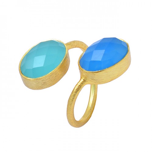 Oval Shape Chalcedony Gemstone 925 Sterling Silver Gold Plated Ring Jewelry
