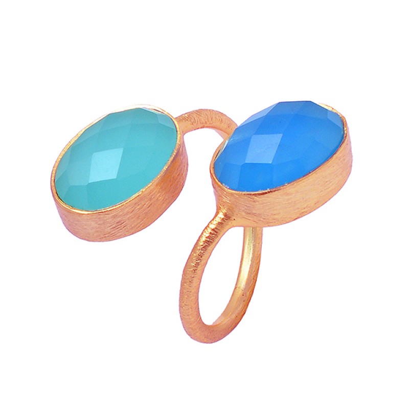 Oval Shape Chalcedony Gemstone 925 Sterling Silver Gold Plated Ring Jewelry