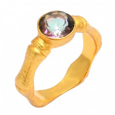 Round Shape Mystic Topaz Gemstone 925 Sterling Silver Gold Plated Ring Jewelry