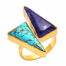 925 Sterling Silver Triangle Shape Lapis Lazuli Turquoise Gemstone Gold Plated Ring