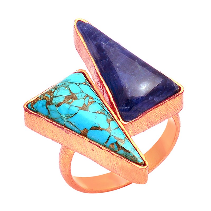 925 Sterling Silver Triangle Shape Lapis Lazuli Turquoise Gemstone Gold Plated Ring