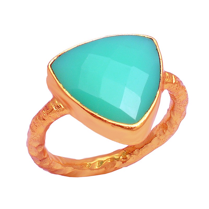 Triangle Shape Aqua Chalcedony Gemstone 925 Sterling Silver Gold Plated Ring