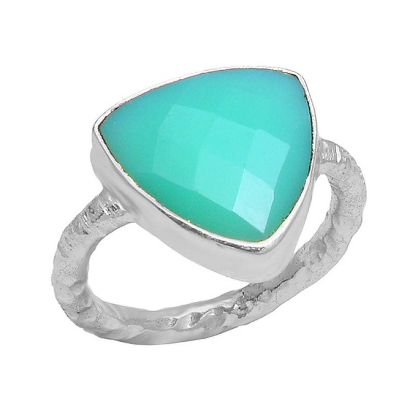 Triangle Shape Aqua Chalcedony Gemstone 925 Sterling Silver Gold Plated Ring