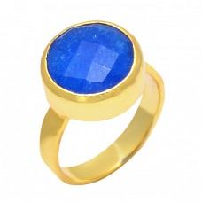 Round Shape Lapis Lazuli Gemstone 925 Sterling Silver Gold Plated Ring Jewelry