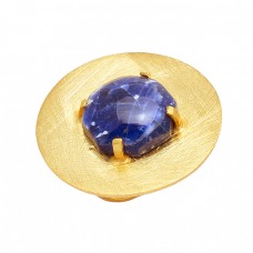 Round Cabochon Sodalite Gemstone 925 Sterling Silver Gold Plated Designer Ring