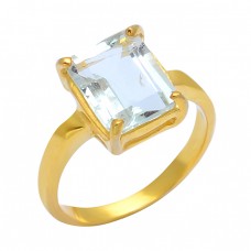 925 Sterling Silver Crystal Rectangle Shape Gemstone Gold Plated Handmade Ring