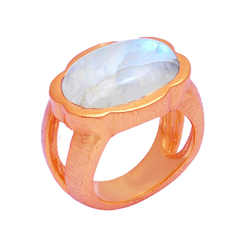 Oval Shape Rainbow Moonstone 925 Sterling Silver Gold Plated Ring Jewelry