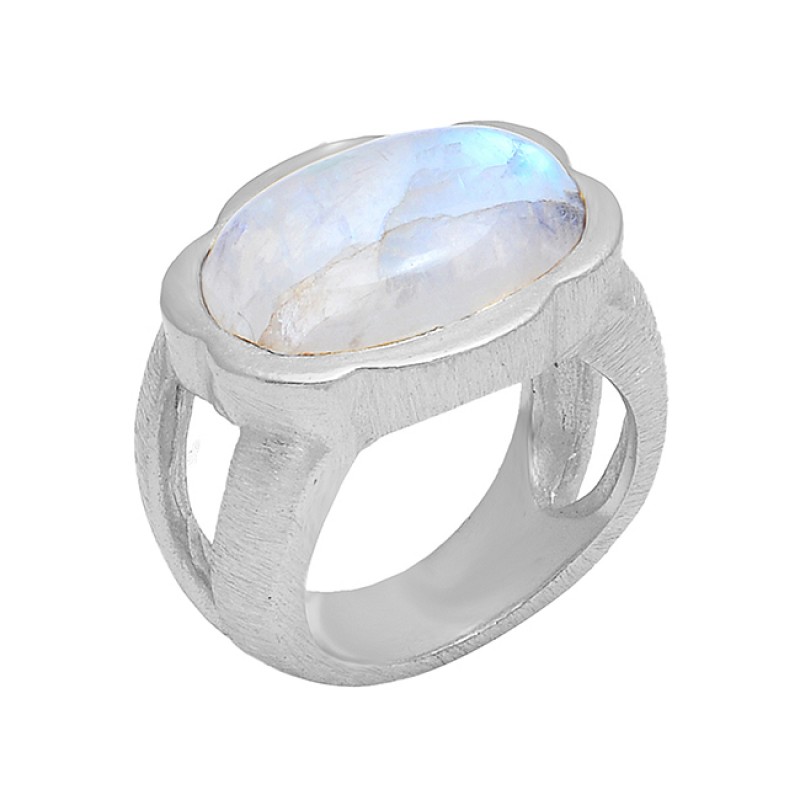 Oval Shape Rainbow Moonstone 925 Sterling Silver Gold Plated Ring Jewelry