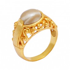925 Sterling Silver Oval Shape Flint Gemstone Gold Plated Filigree Style Designer Ring
