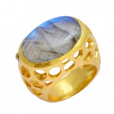 Labradorite Oval Shape Gemstone 925 Sterling Silver Gold Plated Designer Ring