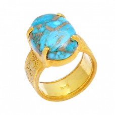 Blue Copper Turquoise Oval Shape Gemstone 925 Sterling Silver Gold Plated Ring