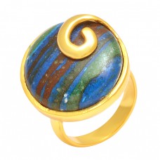 Rainbow Calsilica Round Cabochon Gemstone 925 Sterling Silver Gold Plated Ring