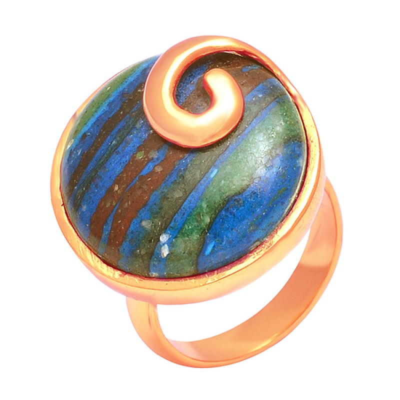 Rainbow Calsilica Round Cabochon Gemstone 925 Sterling Silver Gold Plated Ring