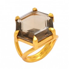 925 Sterling Silver Hexagon Shape Smoky Quartz Gemstone Gold Plated Ring 